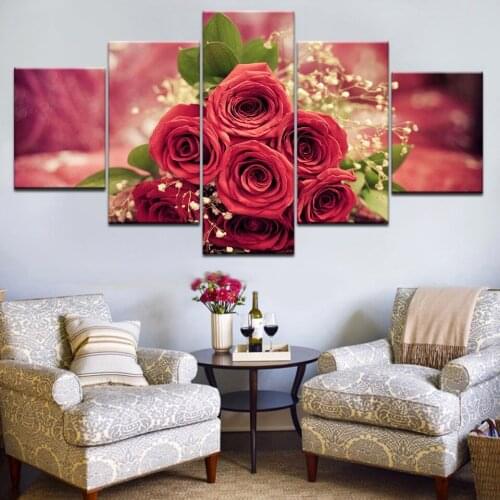 Modular Framed Printed red rose painting 5 piece Painting wall art room decor print poster picture canvas Free shipping