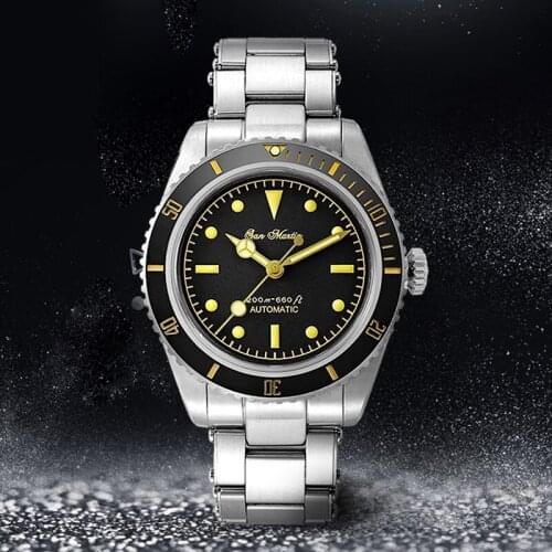 Mens San Martin Water Ghost Mechanical Wristwatches Black Dial Stainless Steel Bracelet Business Luxury Automatic Diver Watch