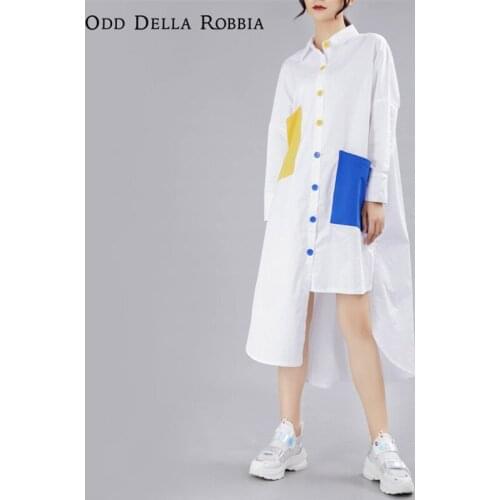 OddDellaRobbia 2021 Spring New Color Matching Pocket Buttons Loose Casual Long-Sleeved Shirt Women Irregular Shirt Skirt 1129