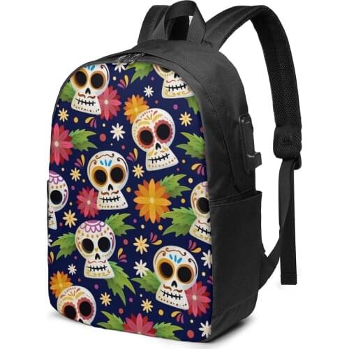 Teenage Backpack for School Boy Girl Dia De Muertos Skull School Bag USB Charging Bookbag