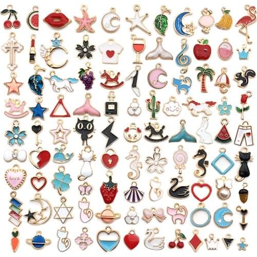 100pcs Mixed Enamel Charms for Jewelry Making Craft DIY Alloy Stars Cats Lip Lipsticks Necklace Pendant Bracelet Accessories DIY