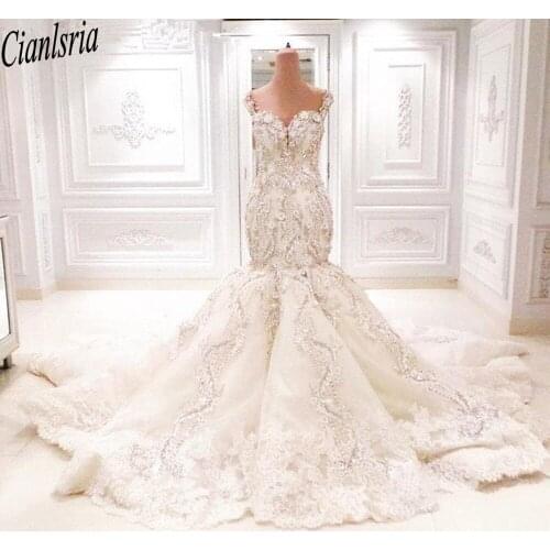 Luxury 2022 Arabic Lace Mermaid Wedding Dress Dubai Real Image Portrait Crystal Beaded Embroidery Appliqued Church Bridal Gowns