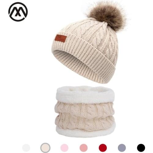 New Childrens Winter Hat Boy/Girl Pompon Knitted Hats Scarf Set Childrens Beanie Cotton Warm Bib Baby Twist Cap Elastic Size
