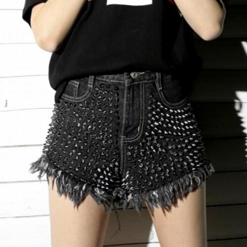 Fashion Women Casual Punk Jeans Shorts High Waist Rivet Denim Shorts Ladies Button Tassel Ripped Loose Shorts Streetwear