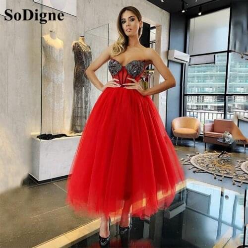 SoDigne Red Tulle Prom Dresses Sweetheart Lace Beaded Ankle Length Sexy Evening Gowns A Line Wedding Party Dress