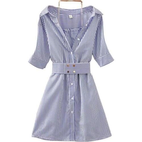 PERHAPS U Blue Striped Turn Down Collar Shirt Dress Half Sleeve Hanging Neck Faketwopieces Midi Dress Casual Match Sashes D0901