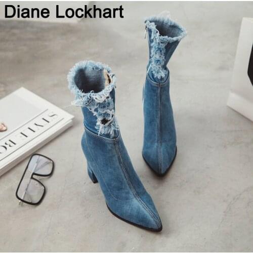 Womens Boots Plus size 34-43 Pointed Toe Yarn Elastic Denim Ankle Boots Thick Heel High Heels Shoes Woman Female Socks Boots