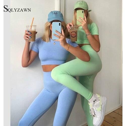Women Two Piece Outfits Shirts Legging Work-out Suit Sports Short Sleeve High Waist Running Legging Set Gym Clothing Tracksuit