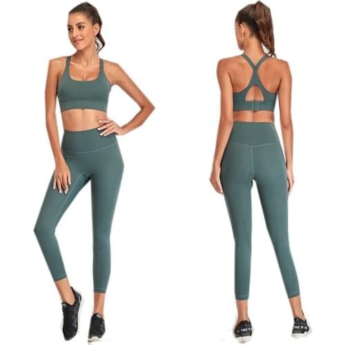 Nake Feeling Womens Workout Outfit 2 Pieces Yoga Leggings with Sports Bra Gym Clothes Set Y Back Tank Top Pocket Pants Lu Style