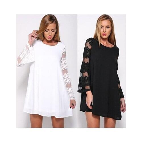 Womens White Sexy Round Neck Mesh Long Sleeve A-line Casual Dress Elegant Stitching Mini Dress Fashion Pullover Dress Autumn