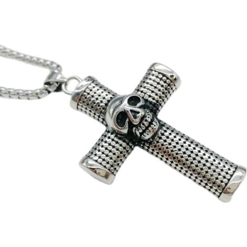 2019 new Gold color 3D skull cylinder cross pendant necklace top quality 316L Stainless steel Big punk cross necklace CARA0491