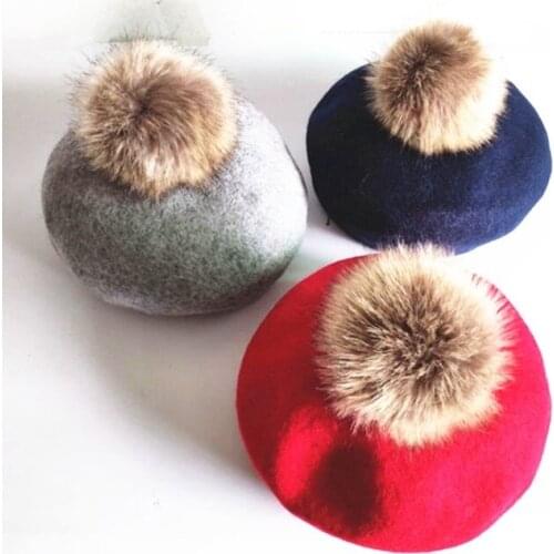 Fashion Winter Children Wool Soft Beret Caps Autumn Womens Casual Polyester Fur Pom pom Beret Caps Hats Gorras