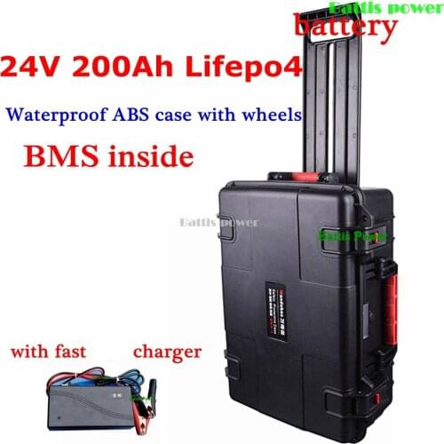 Battis waterproof 24V 200AH Lifepo4 lithium battery BMS wheel trolley case for caravan boat rechargeable ev car +20A Charger