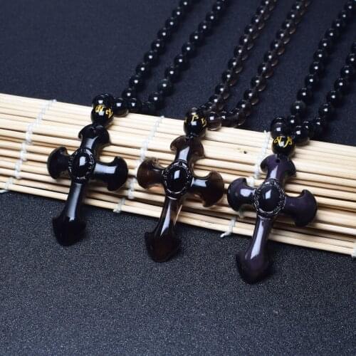 BOEYCJR Black Obsidian Cross Necklace&Pendant Fashion Jewelry Energy Natural Stone Necklace For Men or Women