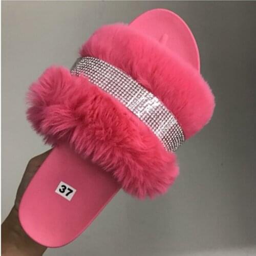 Designer Women Fur Rhinestone Slippers Platform Shoes Wedge Heel Solid Fluffy Furry Slides Outside Sexy Shoes Ladies Slippers