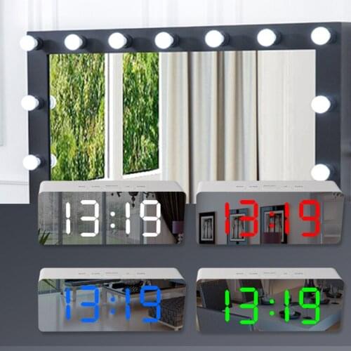 Home Decoration Clock Electronic LED Mirror Alarm Clock Digital Snooze Table Clock Wake Up Light Large Time Temperature Displa