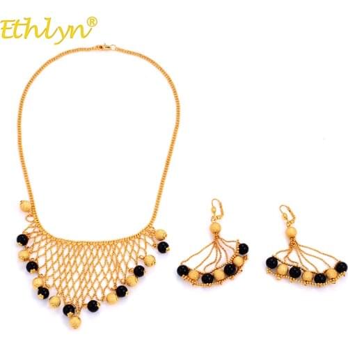 Ethlyn Africa/Middle East/Ethiopia Wedding Jewelry Set for Women with Black Acrylic Beads Hollow Mesh Necklace/Earrings S263