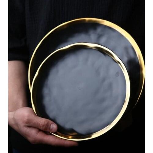 European Style Gold Side Black Plate Retro Tableware Matte Steak Dish Dessert Tray Kitchen Dinner Plates Ceramic Dishes Plates
