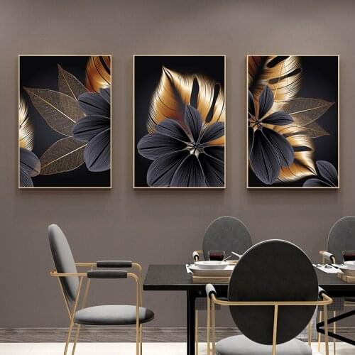 Black Golden Plant Leaf Canvas Painting Modern Abstract Posters and Prints Nordic Wall Art Pictures for Living Room Home Decor