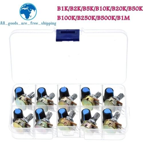 WH148 Potentiometer Kit B1K 2K 5K 10K 20K 50K 100K 500K 1M 15mm Linear Taper Rotary Potentiometer Resistor Set 3pin With Cap