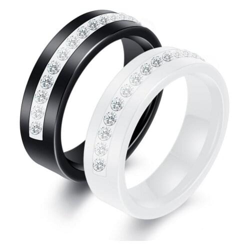 Korean New Fashion Simple Womens Black White Row Zircon Porcelain Ring Jewelry