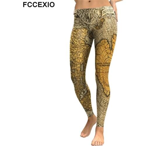 FCCEXIO 2019 New Restoring Style High Waist Leggings Ancient maps Printed Legging Stretch Fitness Legins Women Workout Pants