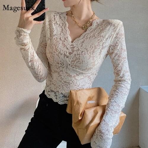 Summer V-neck Lace Blouse Women French Chic Sexy Short Transparent Floral Shirt Ladies New Slim Long Sleeve Bottoming Tops 13431