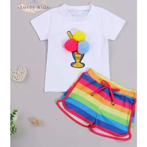 2021 Summer Toddler Baby Girl Clothes 2pcs Set O Neck Ice Cream Tops T-shirt High Waist Striped Rainbow Shorts Outfits Tracksuit