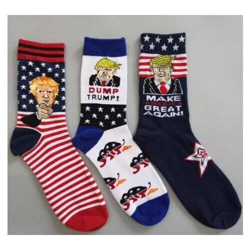 Fashion Mens Socks Funny Cute Cartoon National Flag Stars Stripes USA President Donald Trump Pattern Sock for Men