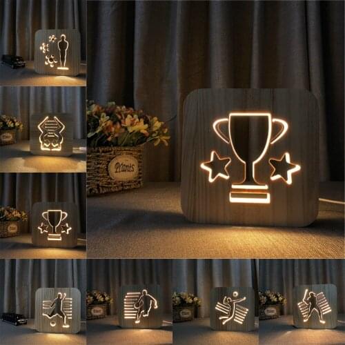 Football Basketball Volleyball Baseball Trophy Table Lamp 3D Wooden Frame Sport Night Light DIY Lamp Friends Birthday Decor Gift