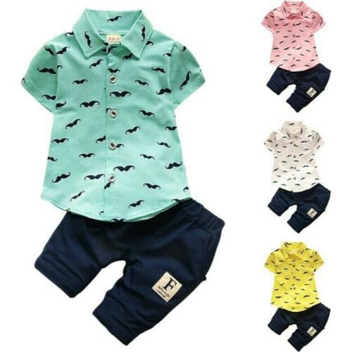 Toddler Baby Boys Summer Outfits Short Sleeve Button Moustache Cotton T Shirt Tops + Solid Color Shorts Beach Holiday 2Pcs