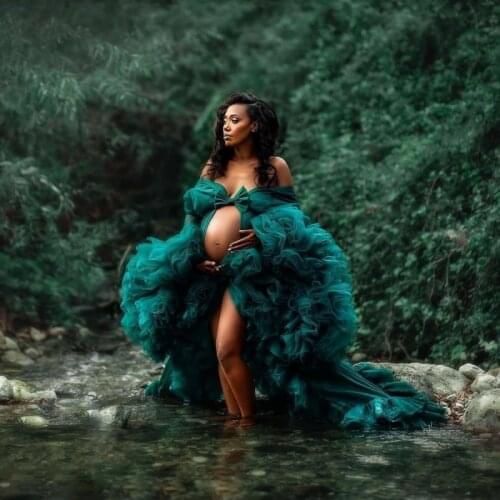 Hunter Green Tulle Ruffles Maternity Photoshoot Dresses Bridal Fluffy Prom Gowns Photography Costume Wear Bathrobe