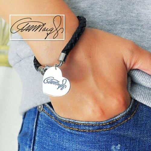 Personalized Signature Bracelet Engraving Heart Charm Leather Bangle Custom Handwriting Jewelry Christmas Gift