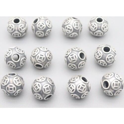 1pcs Genuine 999 Fine Silver Coin-Pattern on the Round Bead Pendant DIY Jewelry Blessing 12mm