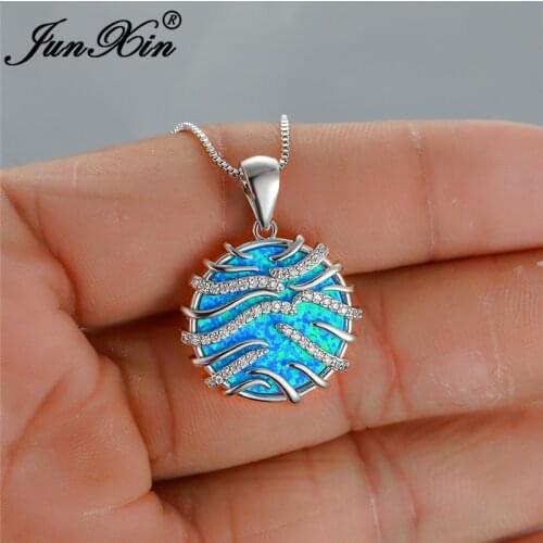 Luxury Blue White Fire Opal Necklace Round Pendants For Women White Gold Rose Gold Color Rainbow Stone Wedding Choker Jewelry Cz