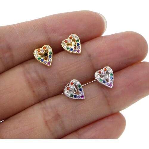 Real 925 sterling silver colorful cz paved hollow tiny heart stud earring for girl lover gift fine silver jewelry
