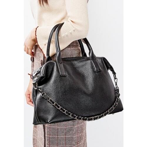 Women Tote Genuine Leather Handbag Classic Black Shoulder Bags Chain Design Travel Daily Casual Big Capacity Lady Crossbody Bag