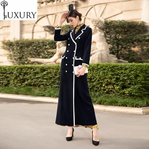 Trench 3xl 2020 Long Spring Autumn Overcoats Women Dark Blue White Color Block Patchwork Double Breasted Coat Windbreaker