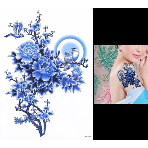 1 PC Lasted Temporary Flower Bird Decal Tattoo HB566 Fake Blue Peony Tree Colored Drawing Women Back Arm Body Art Tattoo Sticker