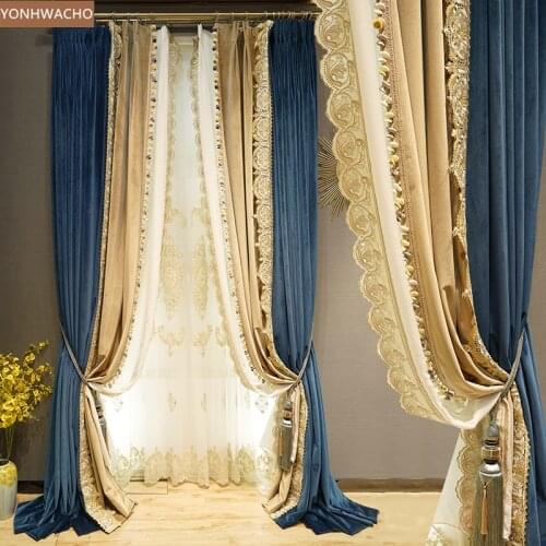 Custom curtain high-grade luxury flannel living room embroidery blue thick velvet cloth blackout curtain tulle C404