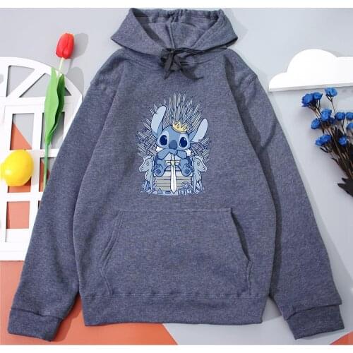 Stitch sit On the Iron Throne Hoodies Happy Stitch Disney Women Hooded Sweatshirt Hip Hop Y2k Clothes Funny Street Female Hoodie