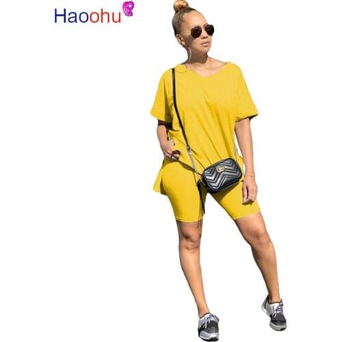 HAOOHU Women Sets Summer Tracksuits Leisure Wear T-Shirts+Shorts Suit Two Piece Set Club Party Sportswear Street 2 Pcs Outfits