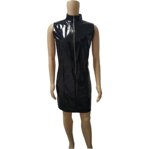 Womens pvc faux Patent Leather Wetlook Dress Stand Collar Front Zipper Slim Fit Reflective Night Party Clubwear Performance Sexy