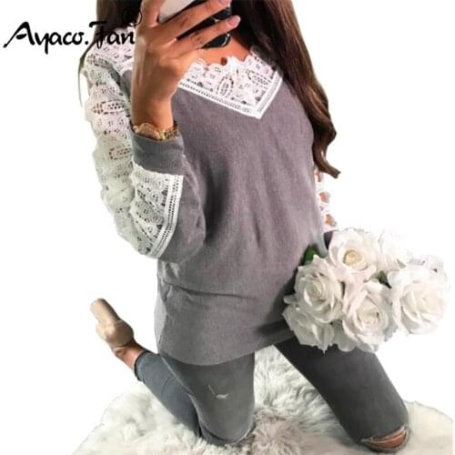 Lace Patchwork New Autumn Winter Knitted Sweater Women Full Sleeve Loose Gray Pullover Female Soft Casual Jumper Knitwear