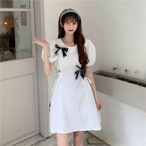 Female Clothing Puff Sleeve A-line Short Dress Bow Summer Sweet Style Hollow Out Black White Dresses Women Fashion New 2021