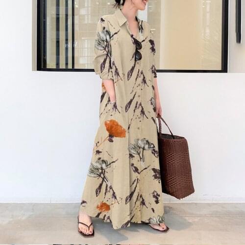 2021 New Summer Long Sleeve Dress For Women Elegant Office Lady Print Turn-down Collar Pockets Loose Cardigan Maxi Vintage Robe