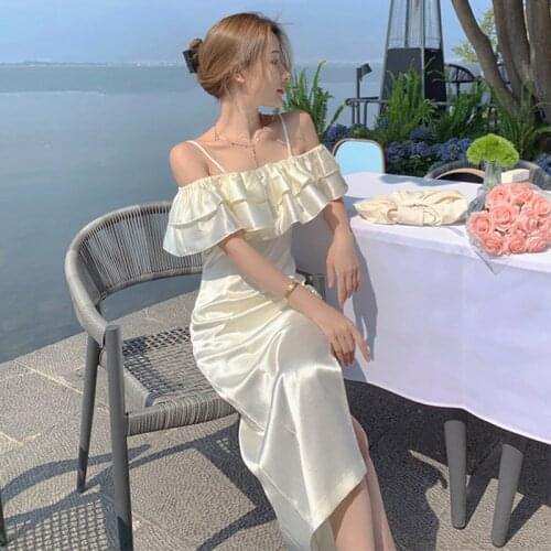 Summer French Romantic Vintage Ruffled Satin Midi Party Dress Ladies Elegant Robe Strapless Imitation Silk Beach Vacation Dress