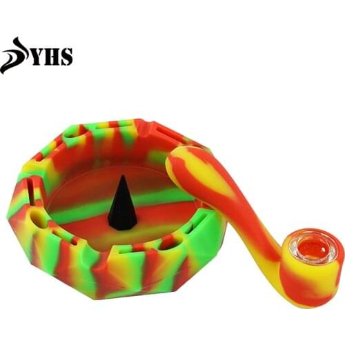 1 Pc Non-stick Round Silicone Ashtray for Car Heat-resistant + 1 Pc 7-shaped Smoking Pipe Silicone Herb Smoking Accessories