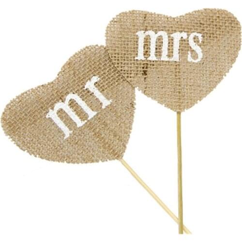 2pcs / set wedding decoration natural jute burlap bridal shower logo Mr & Mrs heart logo event party decoration hen party-C