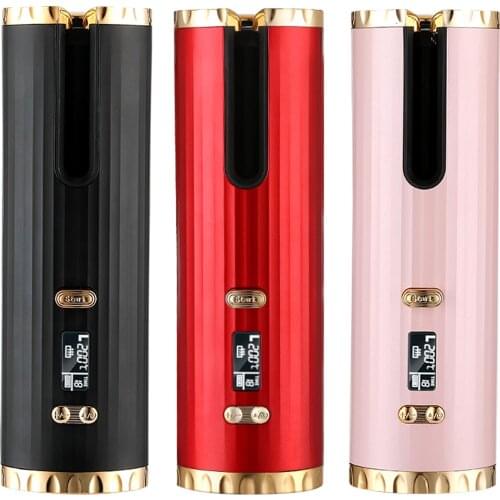 Cordless Hair Curler, Automatic Curling Iron with LCD Display Portable USB Rechargeable Rotating Travel Barrel Hair Curler